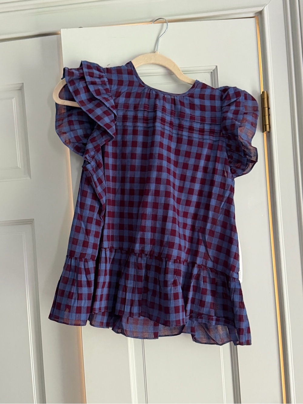 Womens Purple & Blue Gingham Ruffle Top
